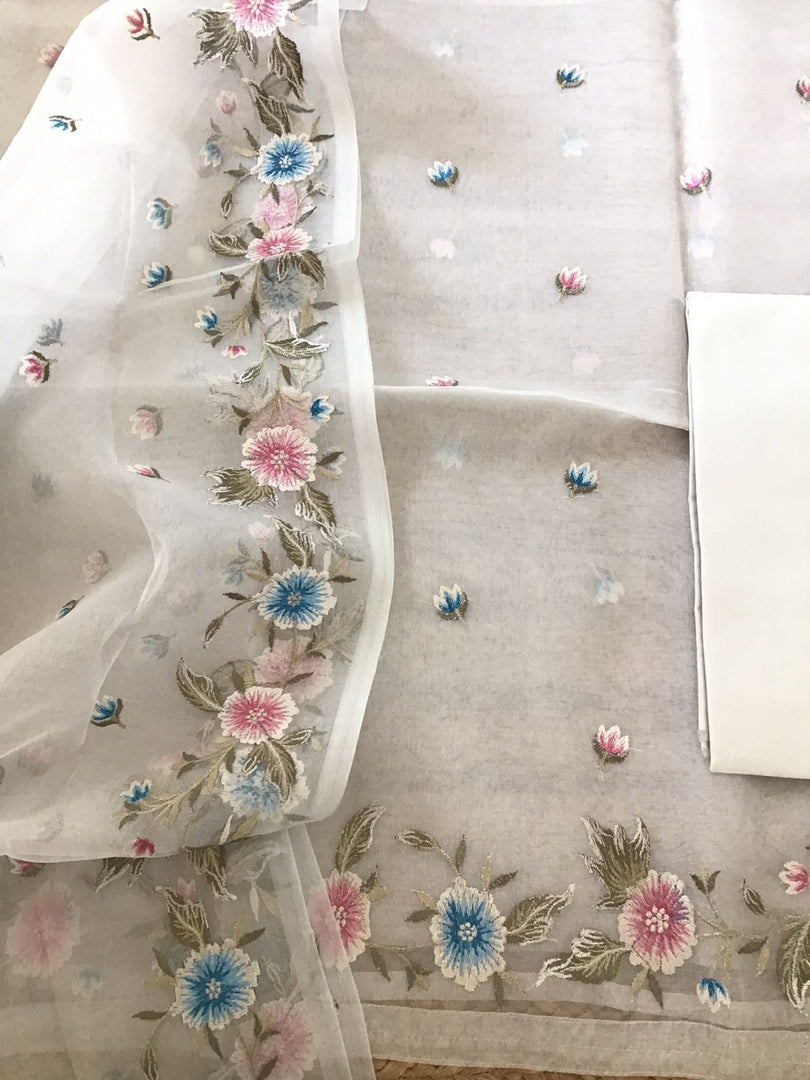 Soft organza embroidered top with soft organza embroidered dupatta and pure cotton bottom