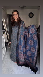 Load image into Gallery viewer, Natural Dye Ajrakh Handblock Printed Modaal silk 2 Piece suit MF0077