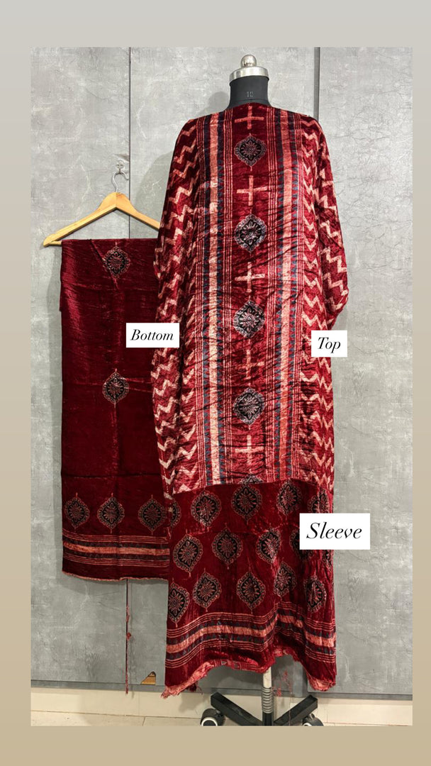Velvet handblock ajrakh designer style top and bottom with sleeves MF0067