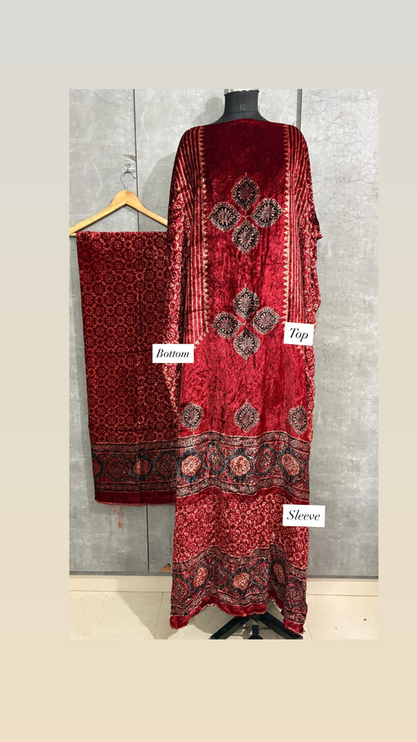 Velvet handblock ajrakh designer style top and bottom with sleeves MF0067