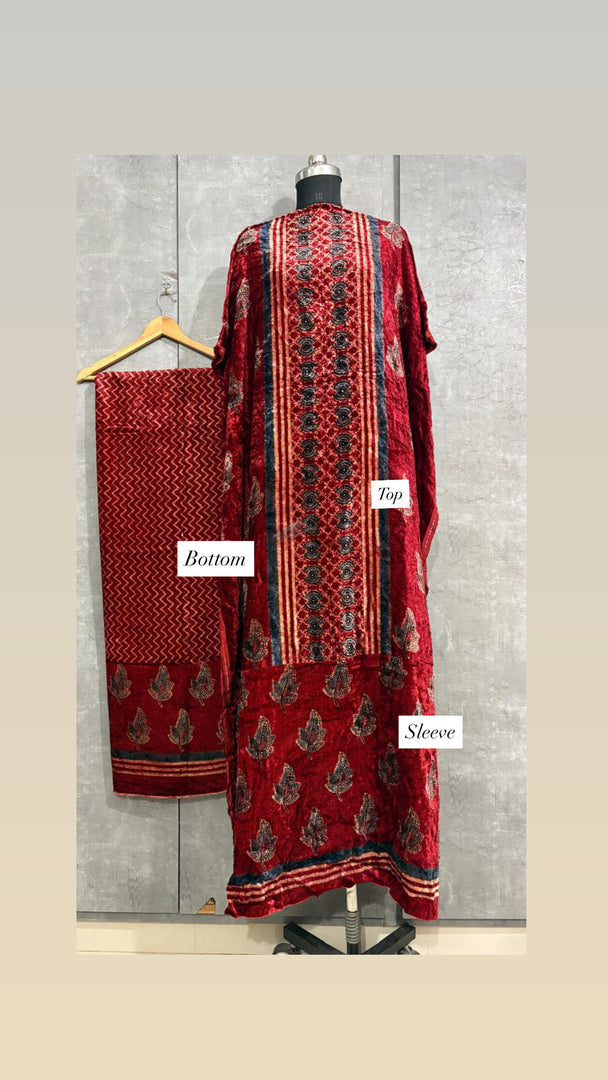 Velvet handblock ajrakh designer style top and bottom with sleeves MF0067