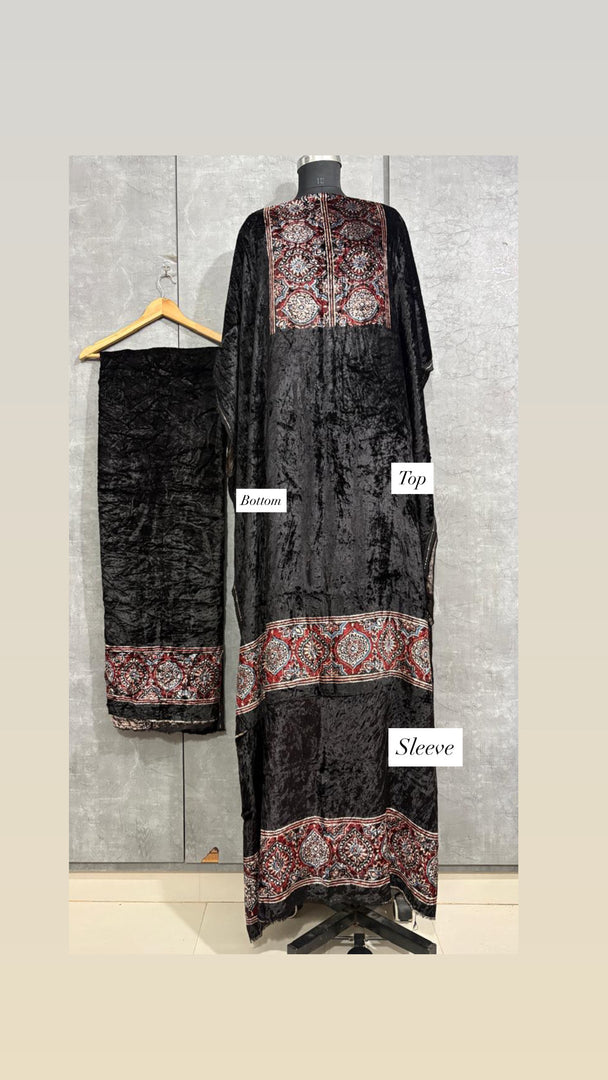 Velvet handblock ajrakh designer style top and bottom with sleeves MF0067