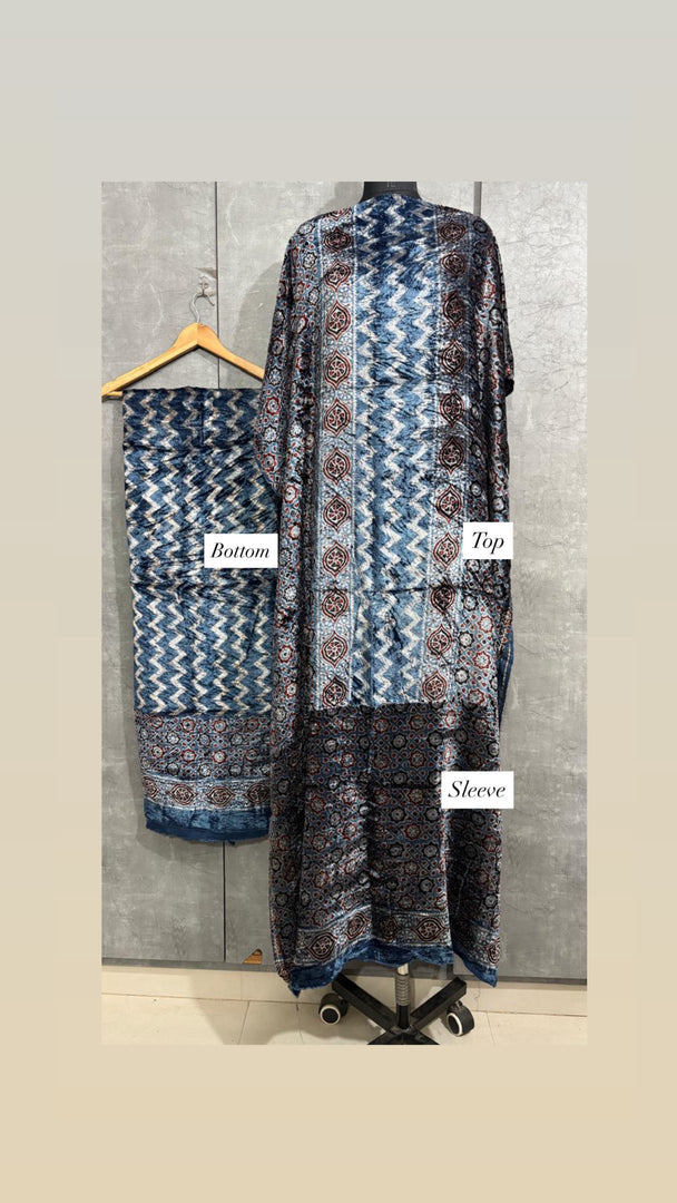 Velvet handblock ajrakh designer style top and bottom with sleeves MF0067