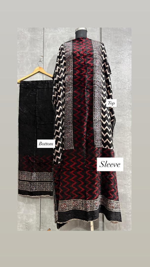 Velvet handblock ajrakh designer style top and bottom with sleeves MF0067