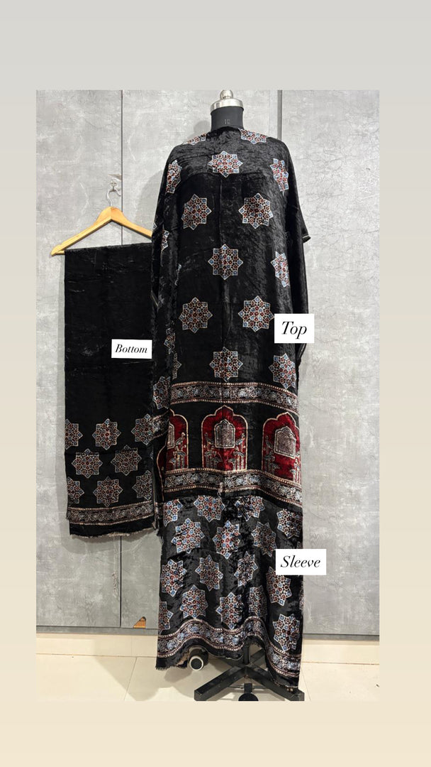 Velvet handblock ajrakh designer style top and bottom with sleeves MF0067