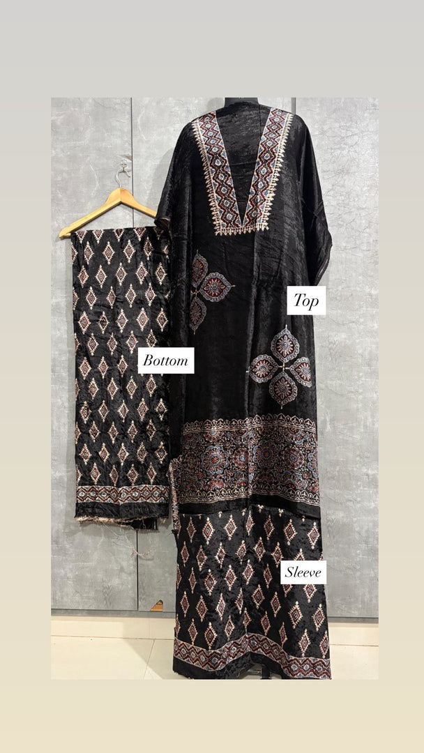 Velvet handblock ajrakh designer style top and bottom with sleeves MF0067