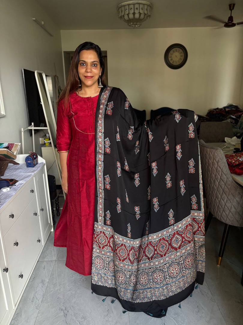 Natural dye handblock ajrakh Contemporary style modal silk dupatta with tazzels