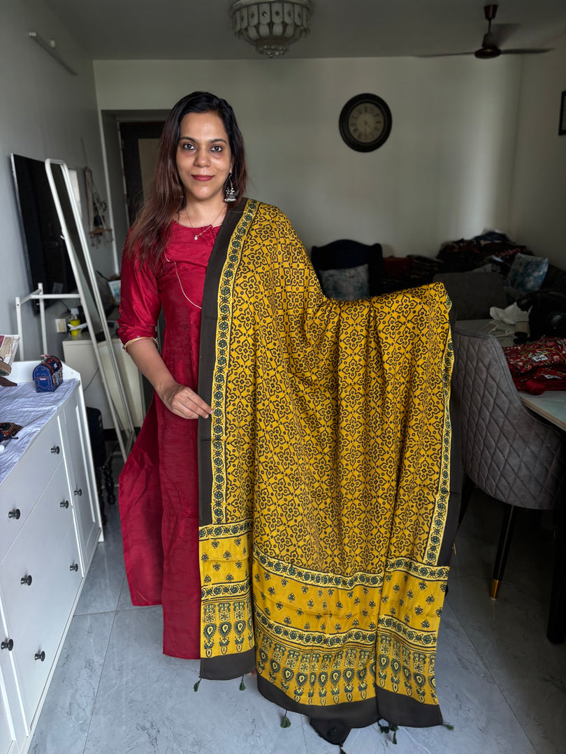 Natural dye handblock ajrakh Contemporary style modal silk dupatta with tazzels