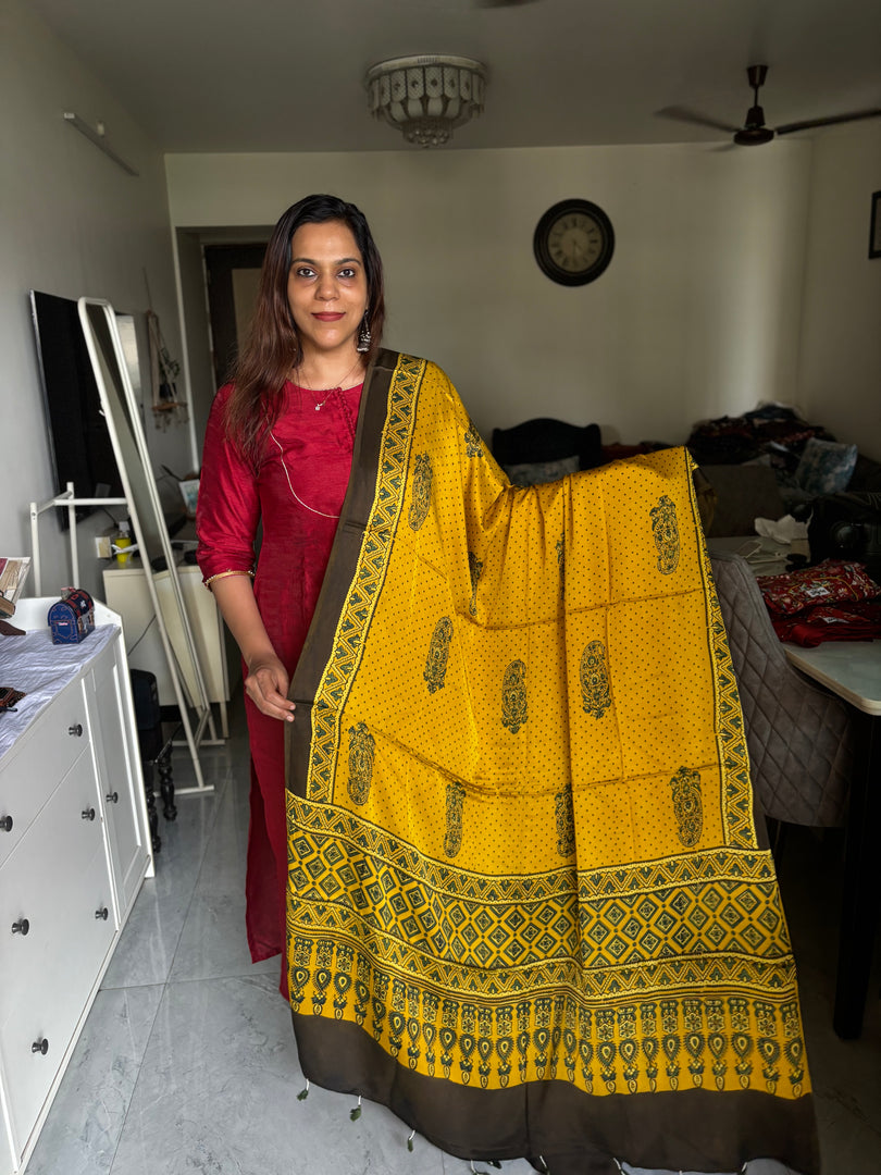 Natural dye handblock ajrakh Contemporary style modal silk dupatta with tazzels