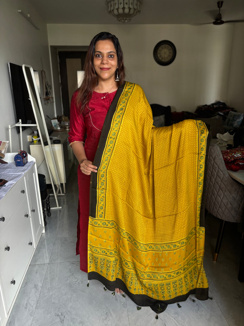Natural dye handblock ajrakh Contemporary style modal silk dupatta with tazzels