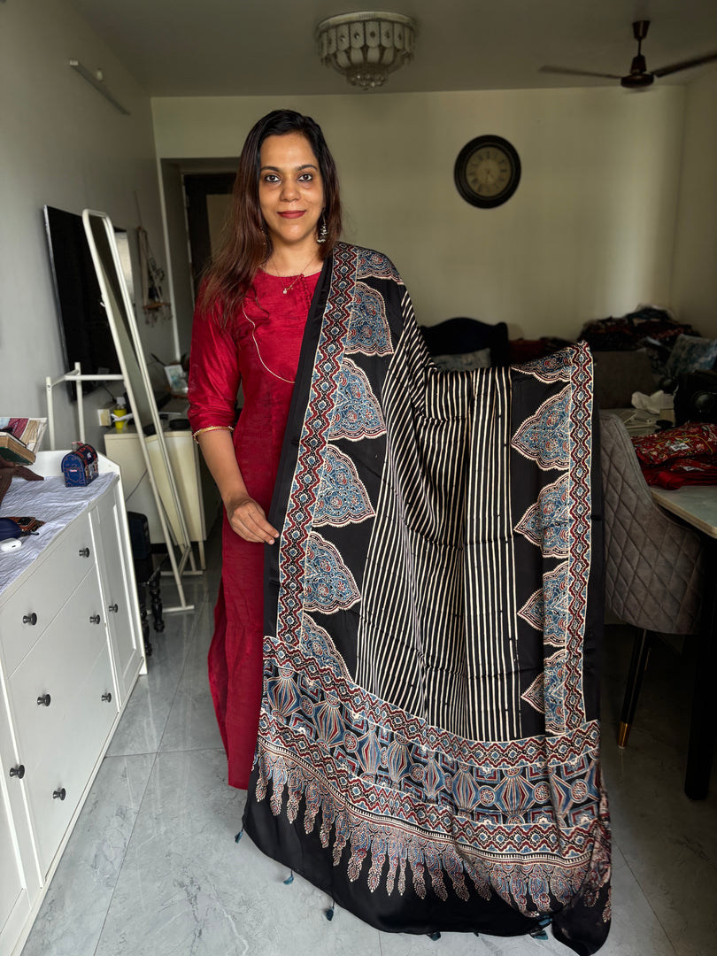Natural dye handblock ajrakh Contemporary style modal silk dupatta with tazzels