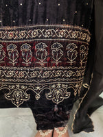 Load image into Gallery viewer, Premium Handblocked Ajrakh Velvet Silk Handworked Top, paired with a matching Velvet Silk Bottom and an elegant Organza Dupatta detailed with Cutdana Scalloping 3 piece set stitched