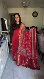 Load image into Gallery viewer, Plain modal silk Top with hand blocked ajrakh Dola silk Zari Duptta 2 Piece SuitH