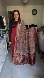 Load image into Gallery viewer, Plain modal silk Top with hand blocked ajrakh Dola silk Zari Duptta 2 Piece Suit