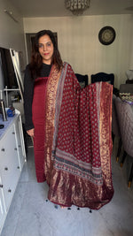 Load image into Gallery viewer, Plain modal silk Top with hand blocked ajrakh Dola silk Zari Duptta 2 Piece Suit