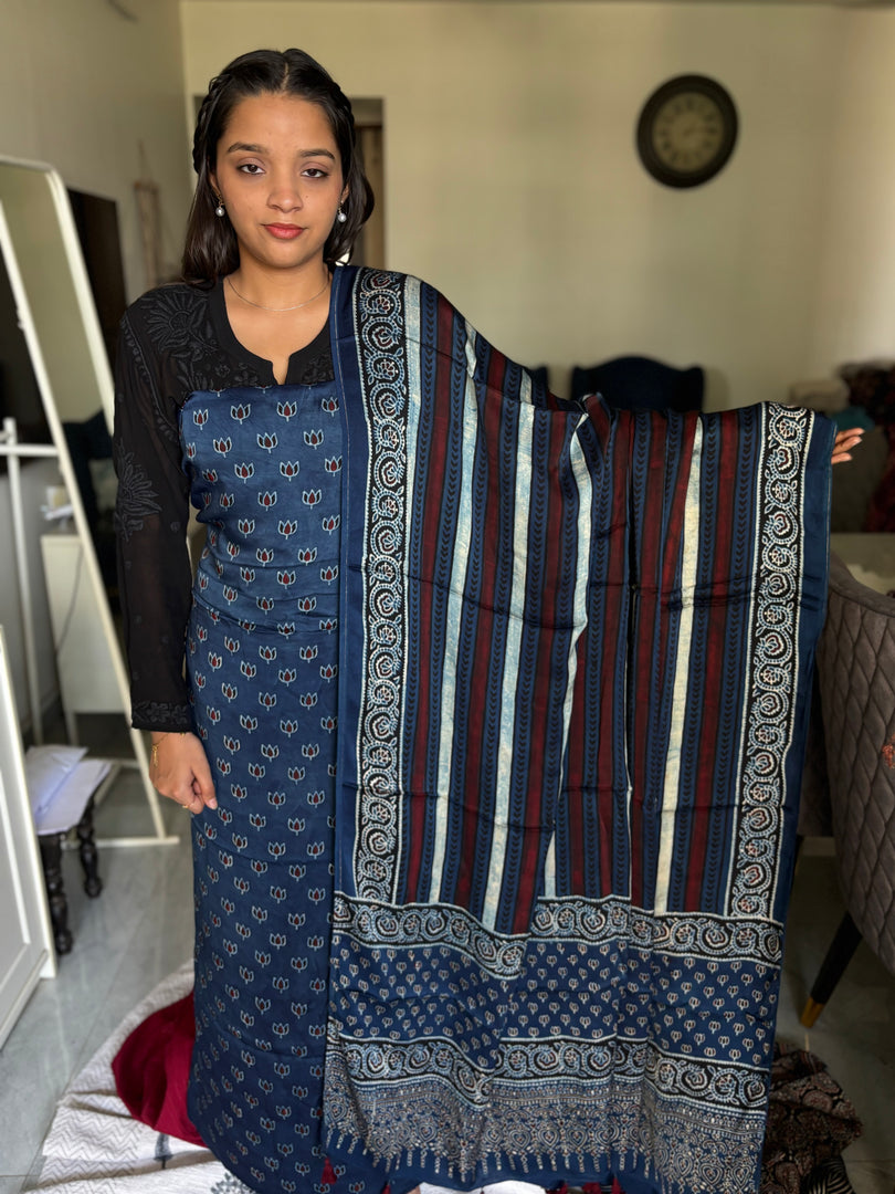 *Natural Dye Ajrakh Handblock Printed Modaal silk 2 Piece suit MF0052