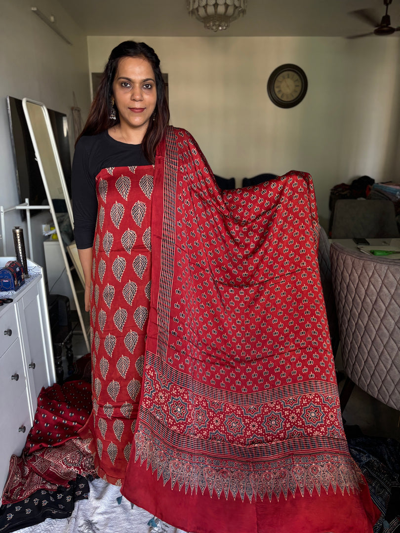 Natural Dye Ajrakh Handblock Printed Modaal silk 2 Piece suit MF0055
