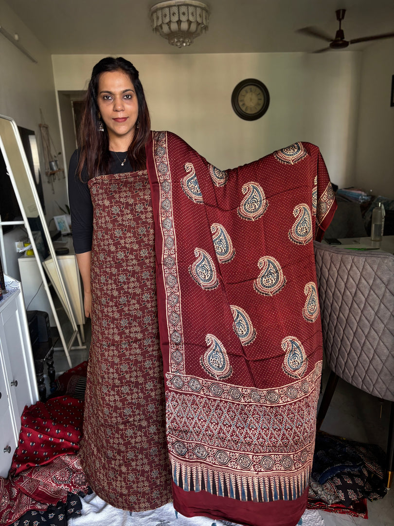 Natural Dye Ajrakh Handblock Printed Modaal silk 2 Piece suit MF0055