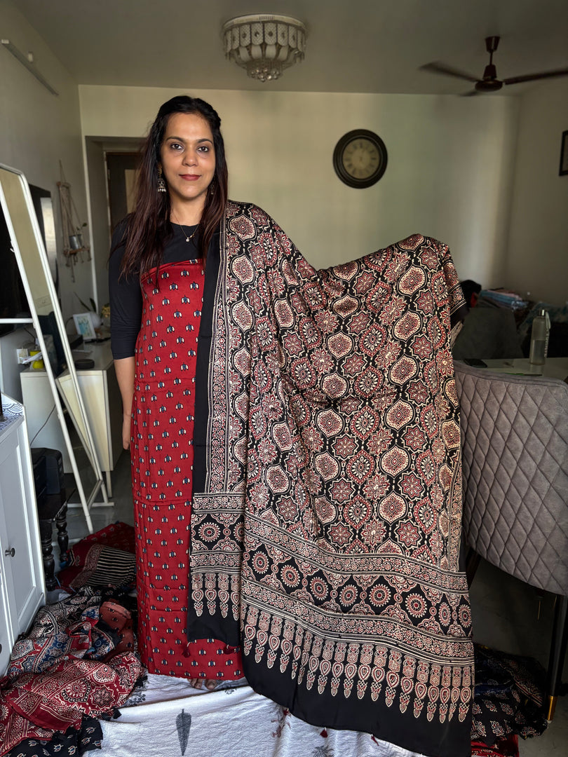 Natural Dye Ajrakh Handblock Printed Modaal silk 2 Piece suit MF0055