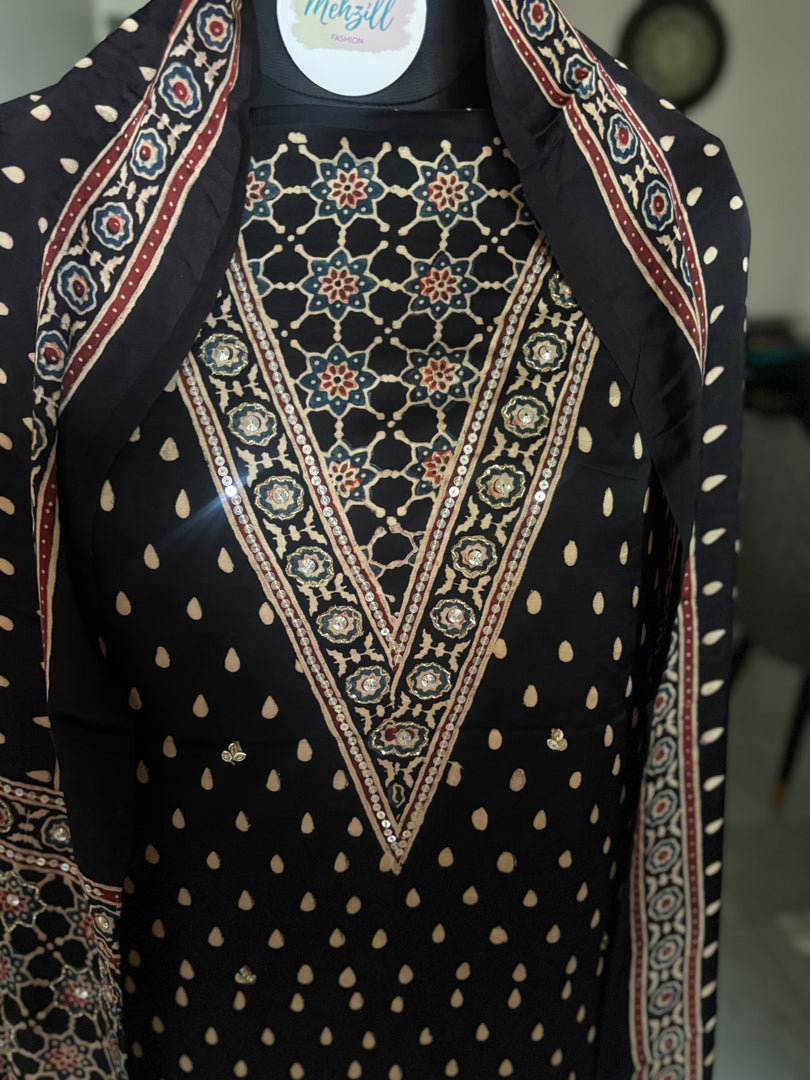Natural dye modal silk ajrakh handworked top and dupatta with tazzels 2 piece set