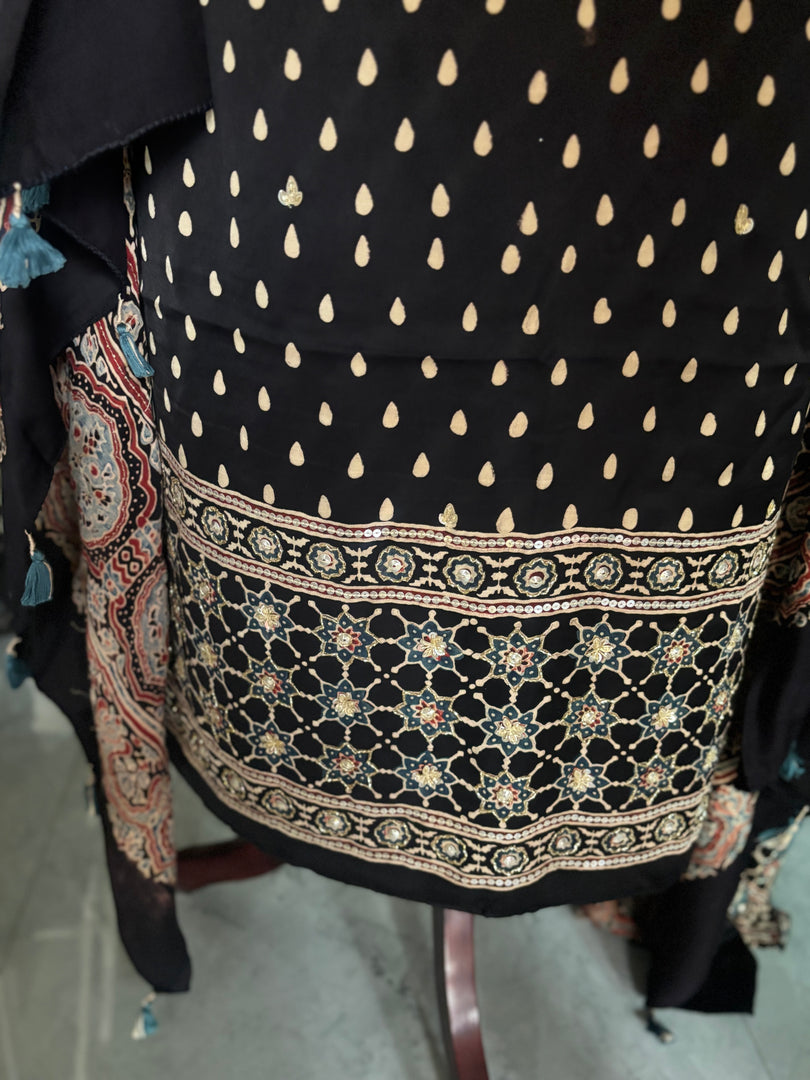 Natural dye modal silk ajrakh handworked top and dupatta with tazzels 2 piece set