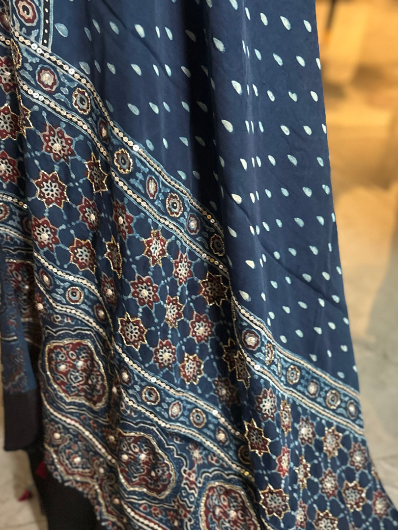 Natural dye modal silk ajrakh handworked top and dupatta with tazzels 2 piece set