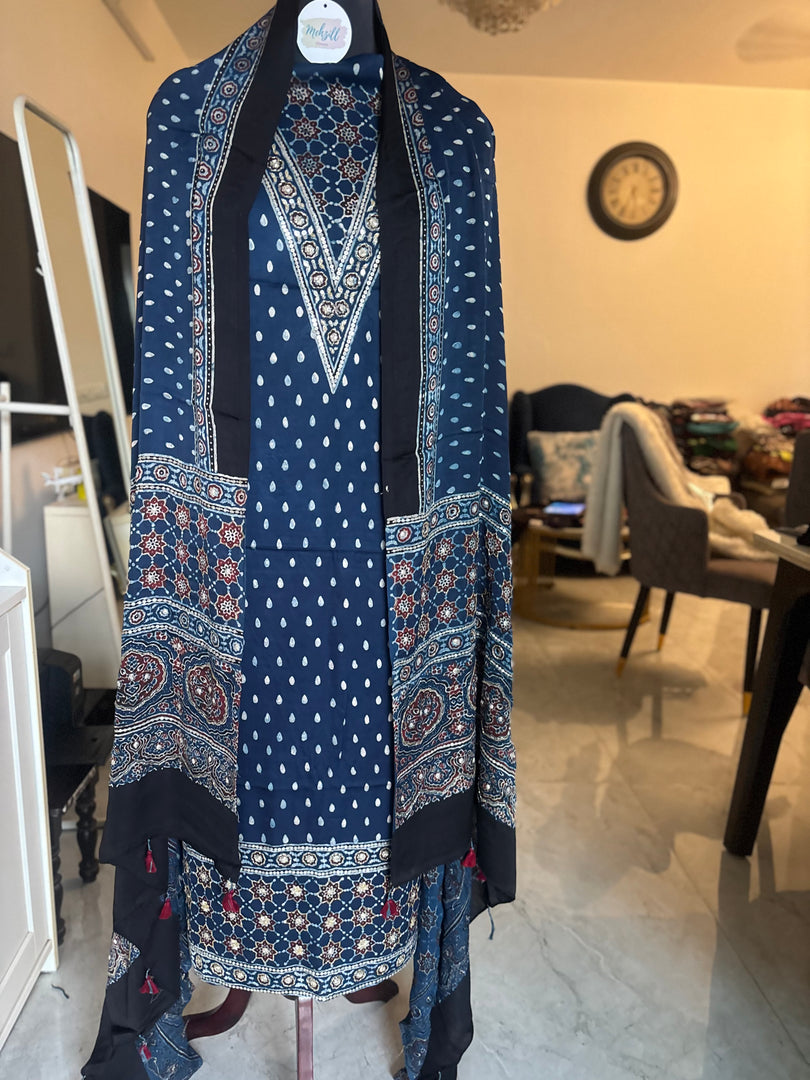 Natural dye modal silk ajrakh handworked top and dupatta with tazzels 2 piece set