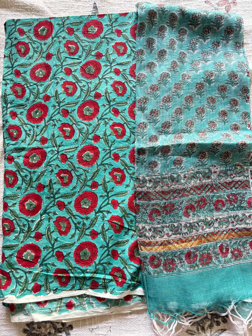 5 m handblock cotton fabric with Kota doria dupatta