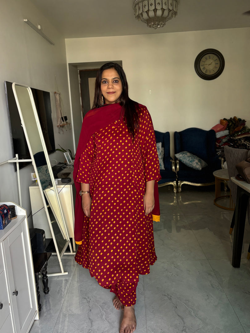 Modal silk Bandhej stitched 3 piece set