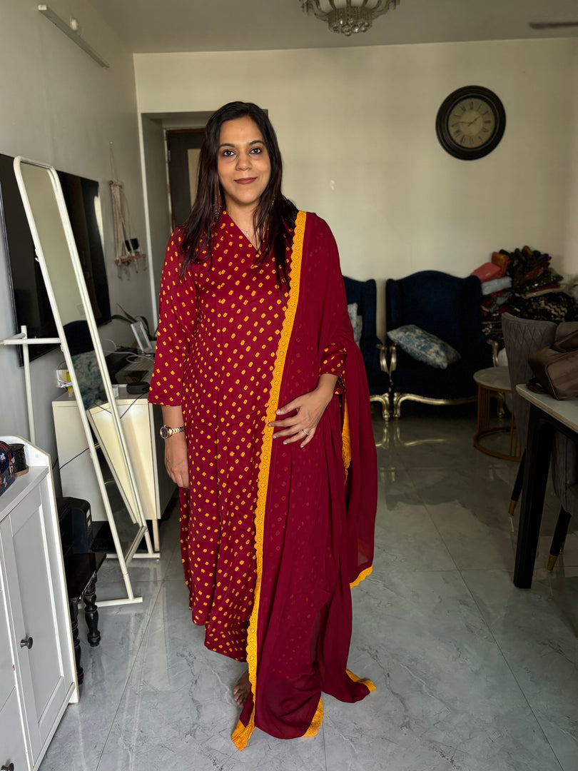 Modal silk Bandhej stitched 3 piece set