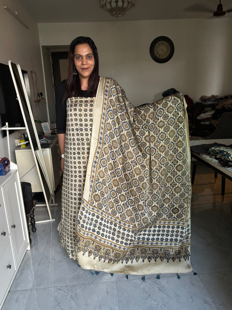Natural Dye Ajrakh Handblock Printed Modaal silk 2  Piece suit With Very Unique Patterns MF0066