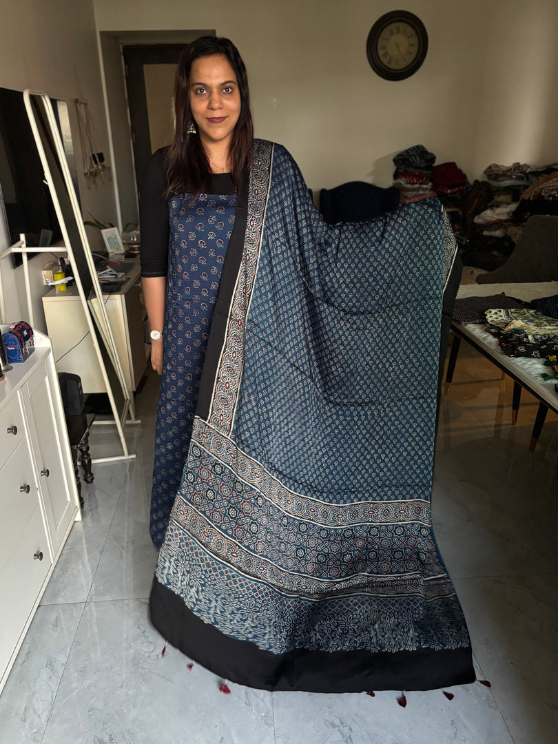 Natural Dye Ajrakh Handblock Printed Modaal silk 2  Piece suit With Very Unique Patterns MF0066