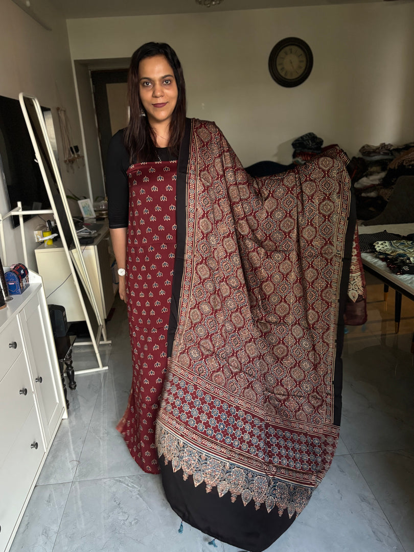Natural Dye Ajrakh Handblock Printed Modaal silk 2  Piece suit With Very Unique Patterns MF0066