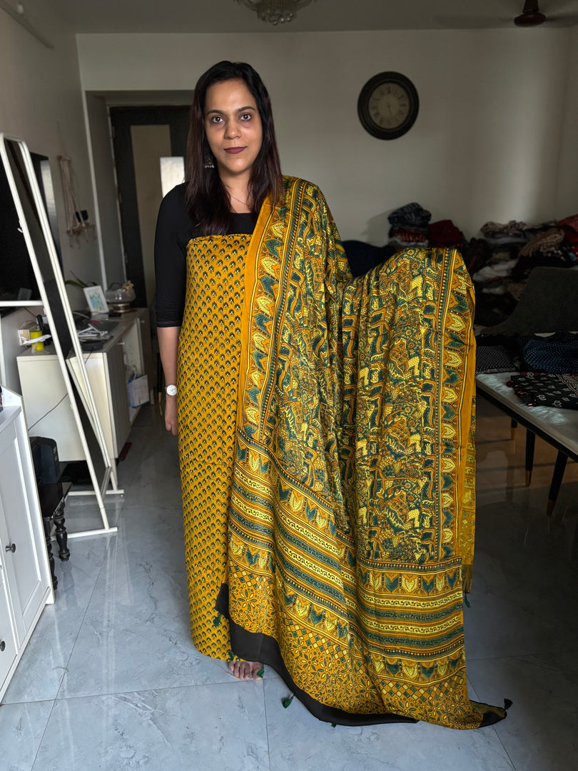 Natural Dye Ajrakh Handblock Printed Modaal silk 2  Piece suit With Very Unique Patterns MF0066