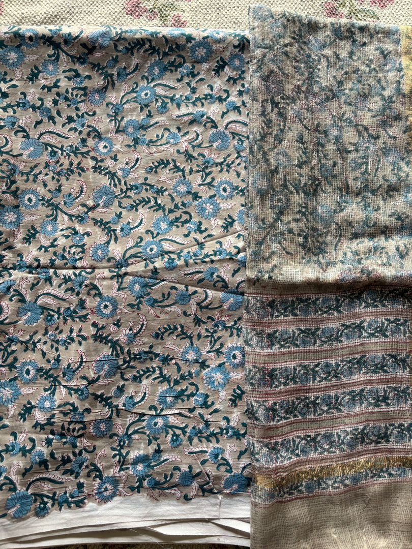 Pure cotton handblock 5 m fabric with Kota Doria dupatta
