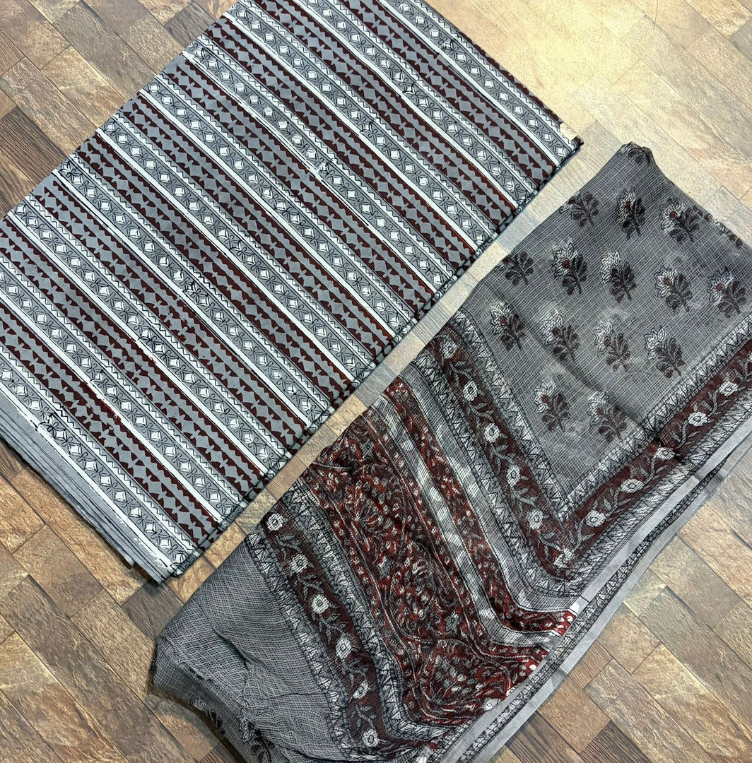 5 m jahota natural dye Handblock cotton fabric with jahota Kota doria dupatta