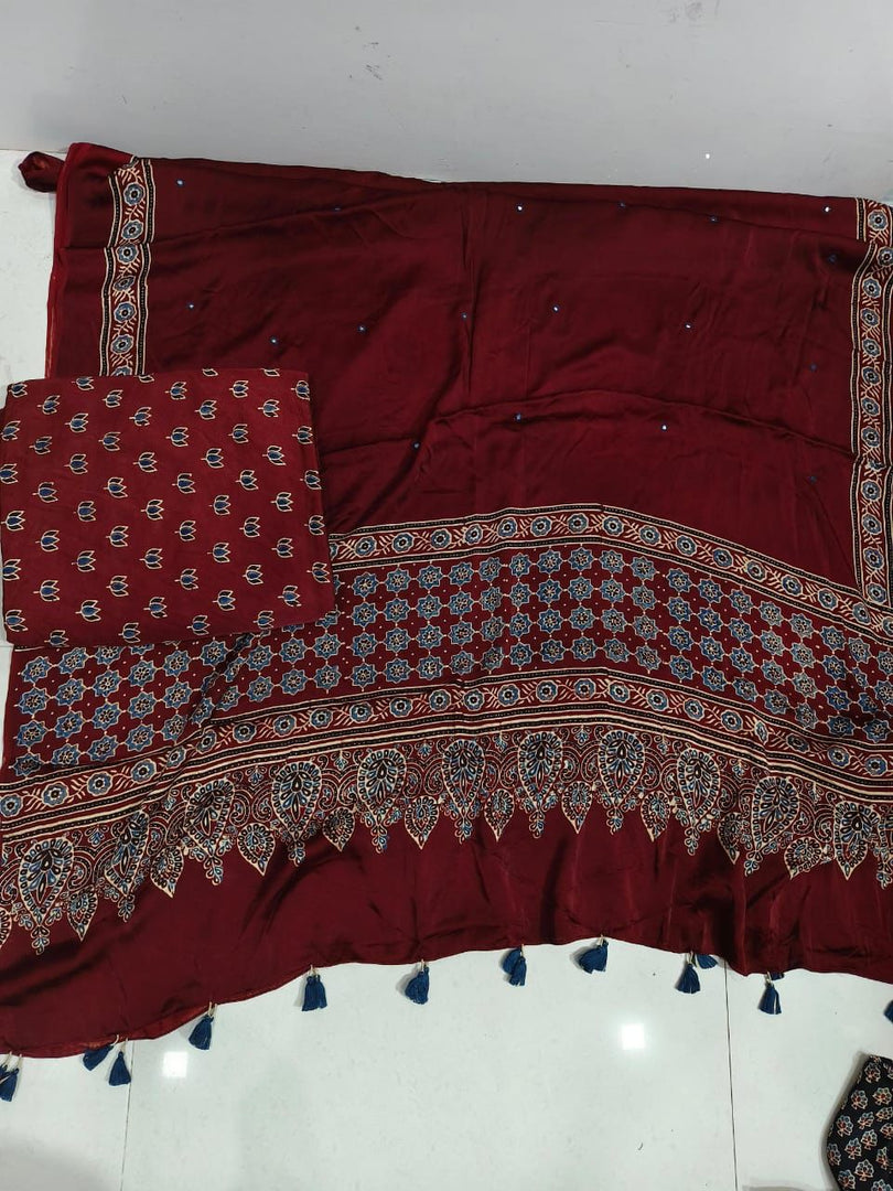 Natural dye modal silk ajrakh top with plain modal silk handworked mirror dupatta 2 piece set