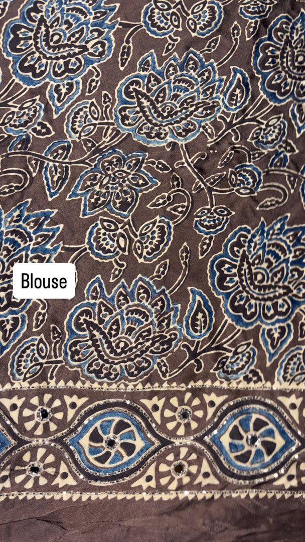 Premium quality handworked modal silk ajrakh saree