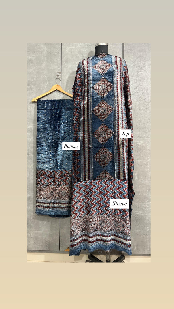 Velvet handblock ajrakh designer style top and bottom with sleeves MF0067