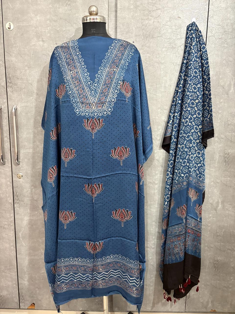 Designer style natural dye modal silk ajrakh top and dupatta 2 piece set