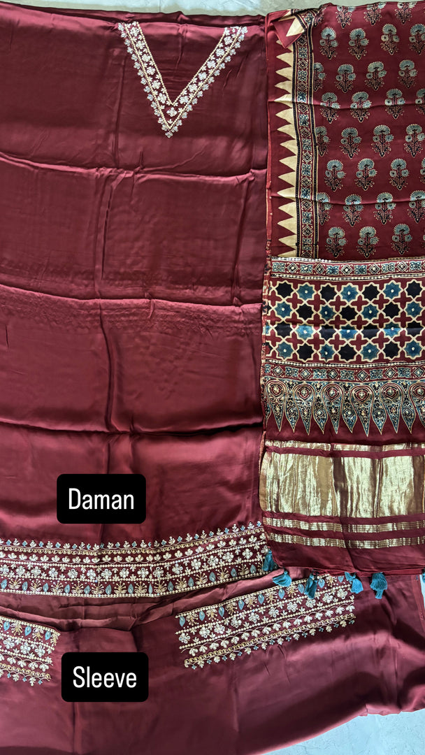Handworked plain modal silk top with ajrakh tissue pallu handworked dupatta