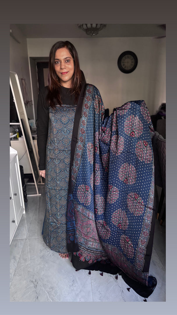 Natural Dye Ajrakh Handblock Printed Modaal silk 2  Piece suit MF0077