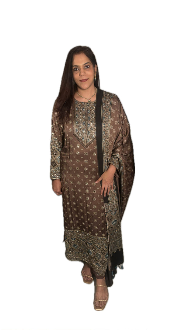 MEHZA FESTIVE EDIT heavy handwork premium quality modal silk ajrakh top and dupatta unstitched  2 piece set