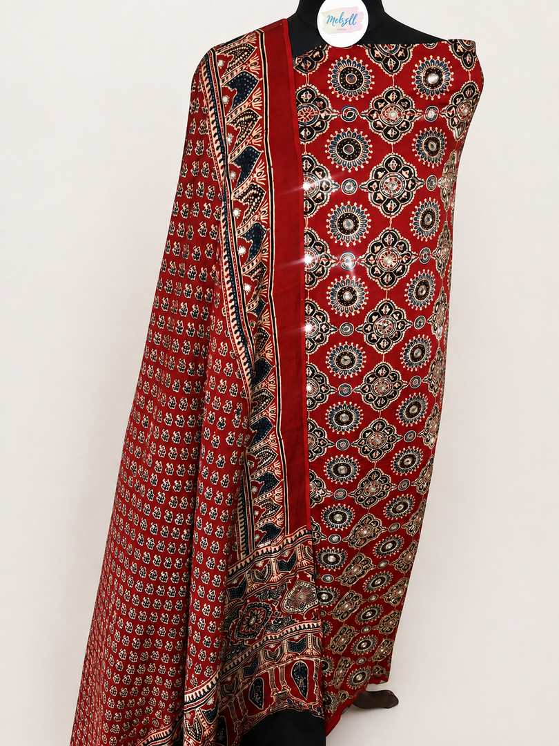 Handworked modal silk ajrakh top and dupatta with tazzels 2 piece set