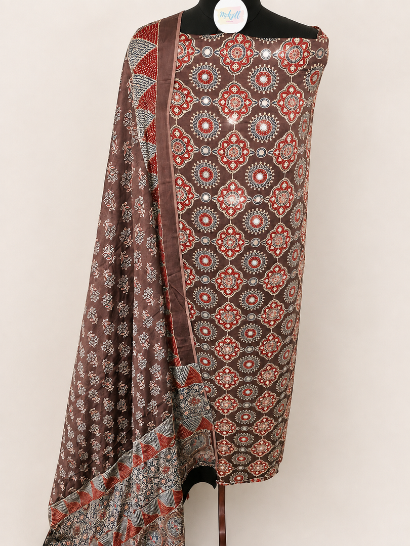 Handworked modal silk ajrakh top and dupatta with tazzels 2 piece set