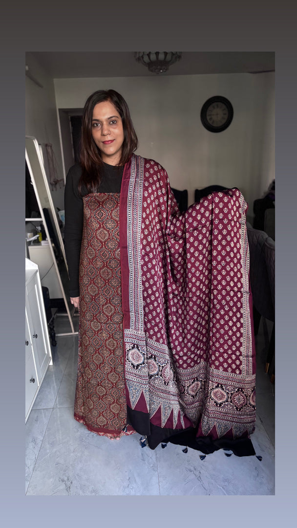 Natural Dye Ajrakh Handblock Printed Modaal silk 2 piece suit MF0077