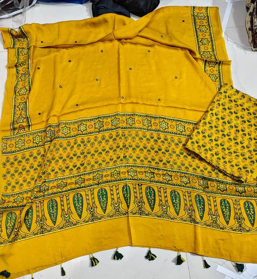 Natural dye modal silk ajrakh top with plain modal silk handworked mirror dupatta 2 piece set
