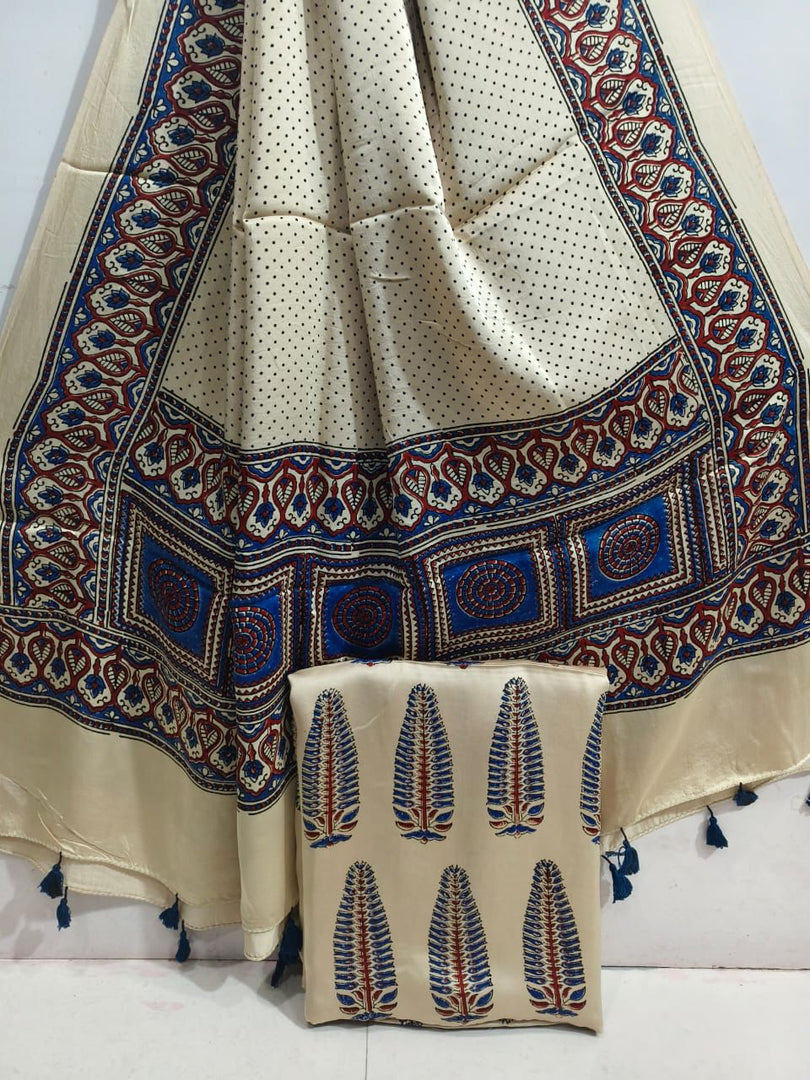 Natural  dye ajrakh Handblock modal silk ajrakh top and dupatta 2 piece set