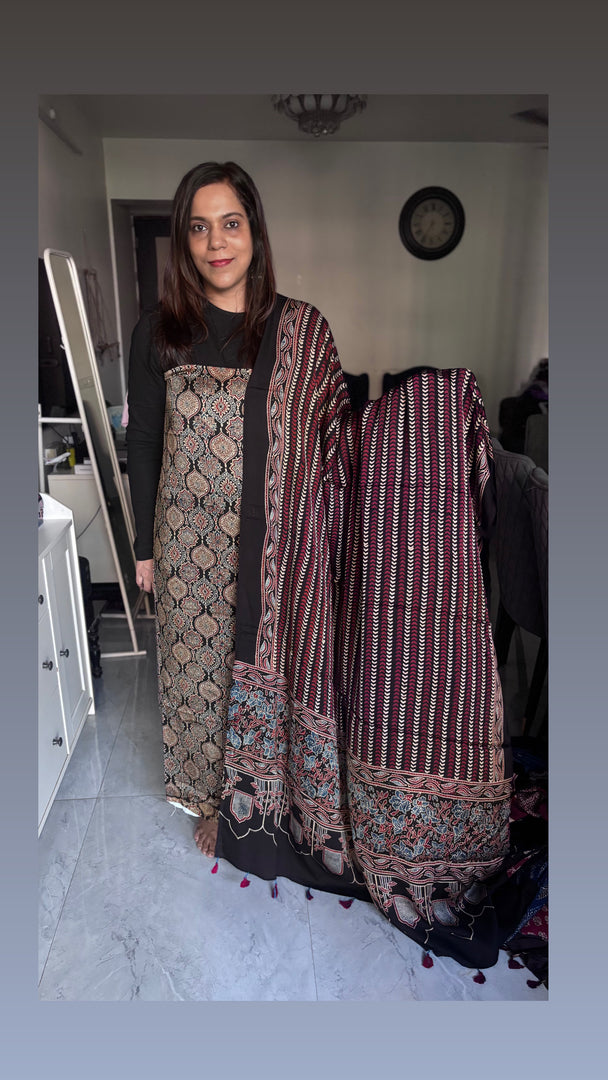 Natural Dye Ajrakh Handblock Printed Modaal silk 2  Piece suit MF0077