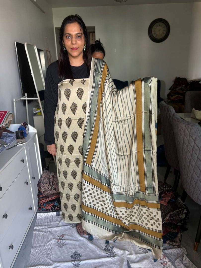 Natural Dye Ajrakh Handblock Printed Modaal silk 2  Piece suit MF0077